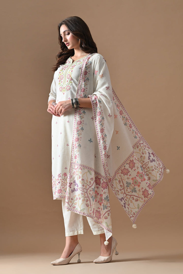 Cream Printed Kurta Set (3 Piece)
