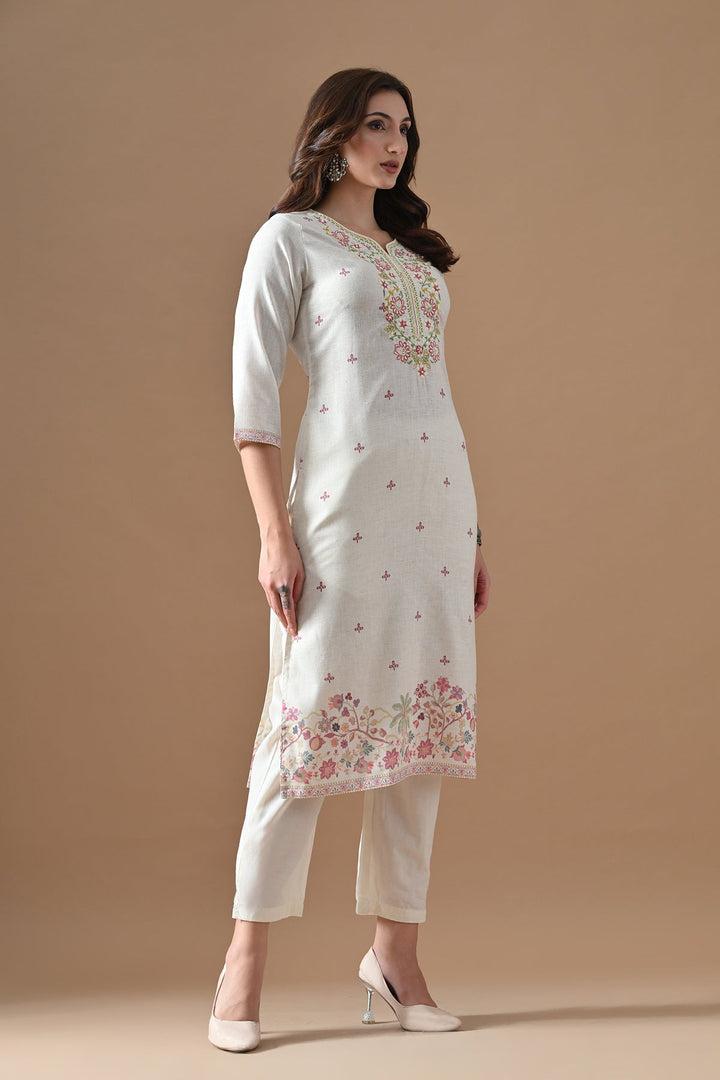 Cream Printed Kurta Set (3 Piece)