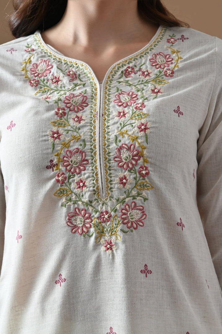 Cream Printed Kurta Set (3 Piece)