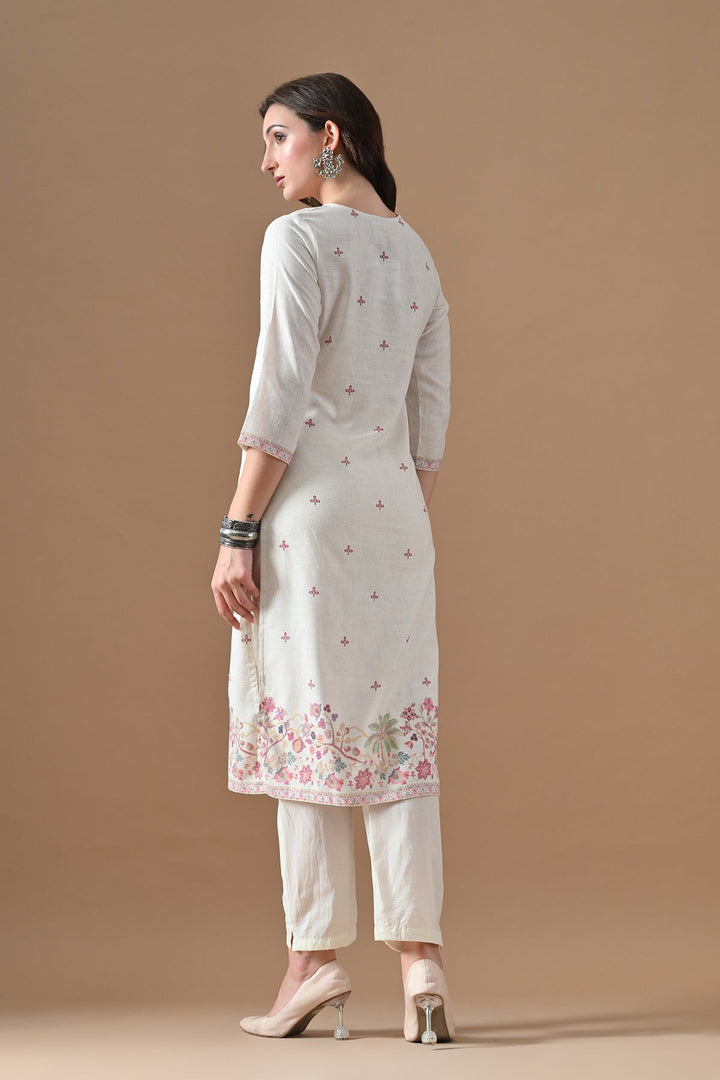 Cream Printed Kurta Set (3 Piece)