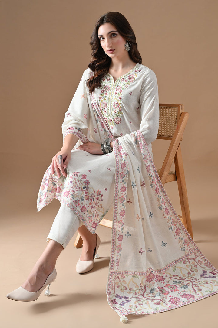 Cream Printed Kurta Set (3 Piece)