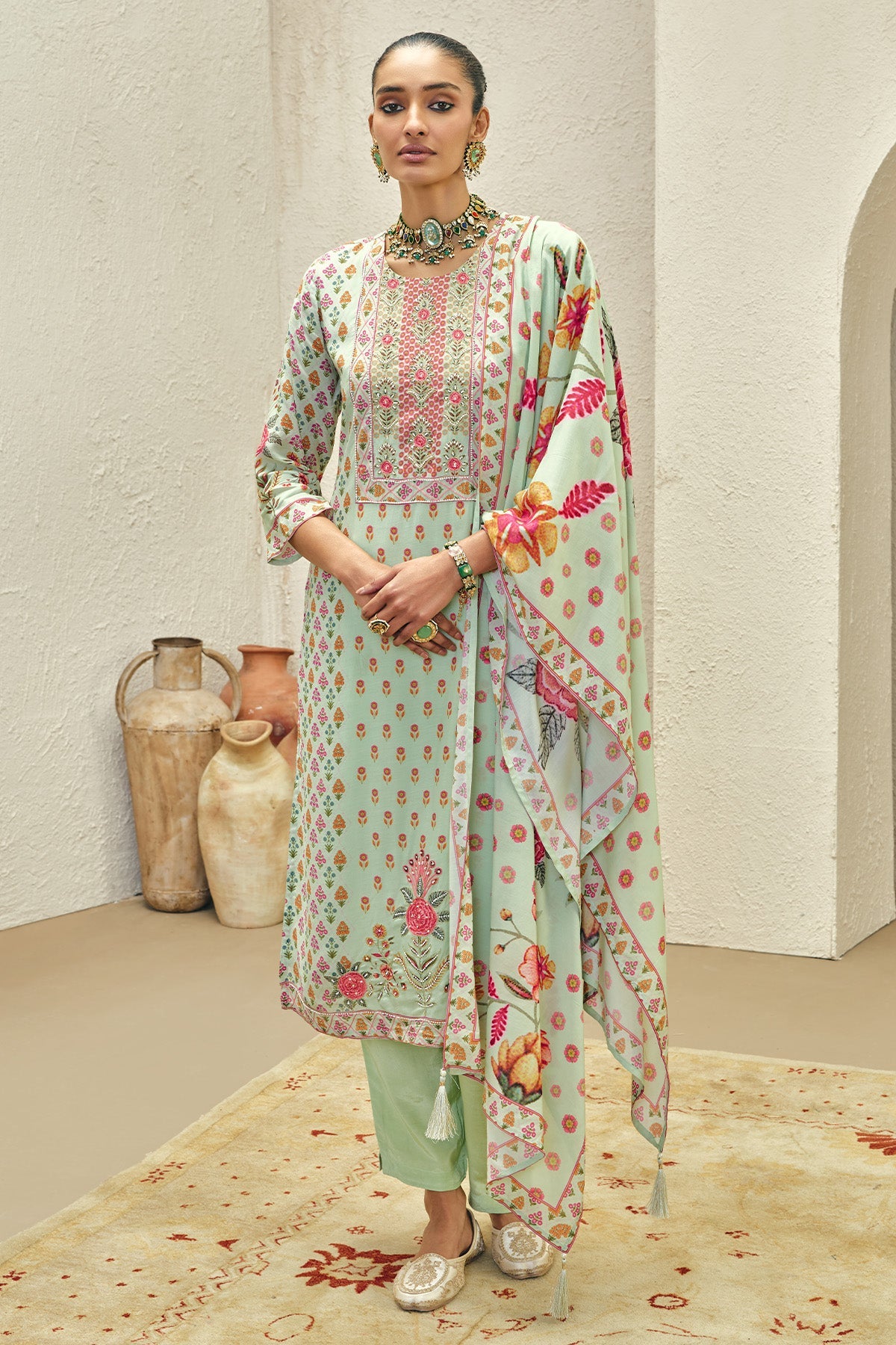 Green Embellished Kurta 3 Pcs Set