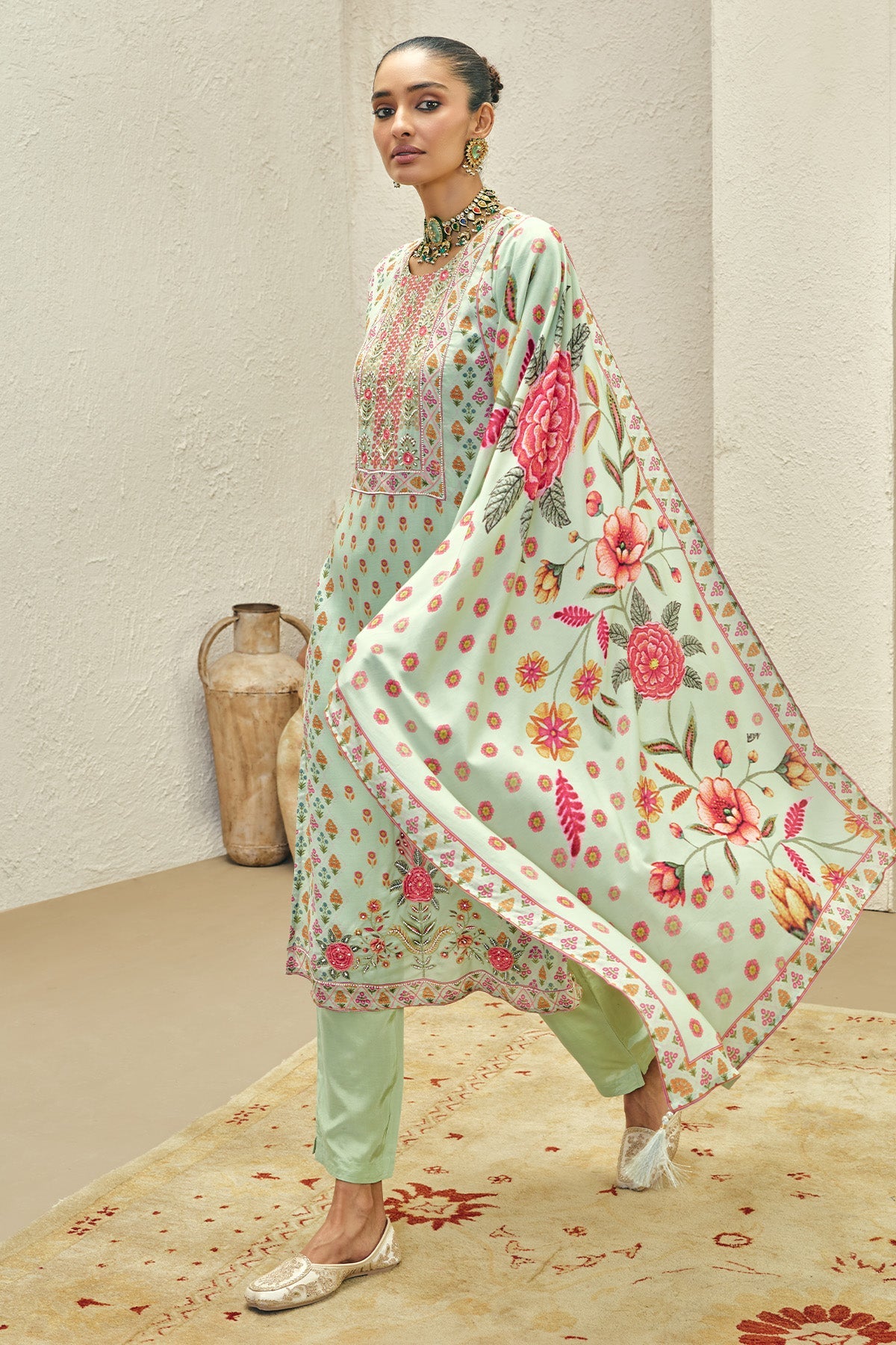 Green Embellished Kurta 3 Pcs Set