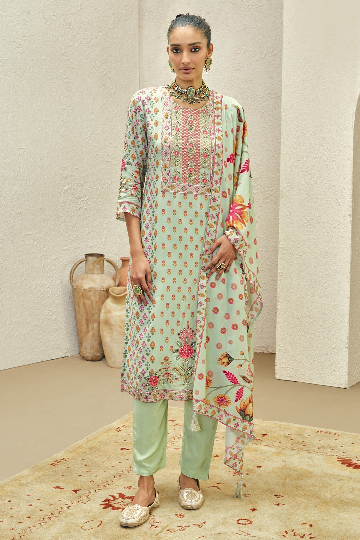 Green Embellished Kurta 3 Pcs Set