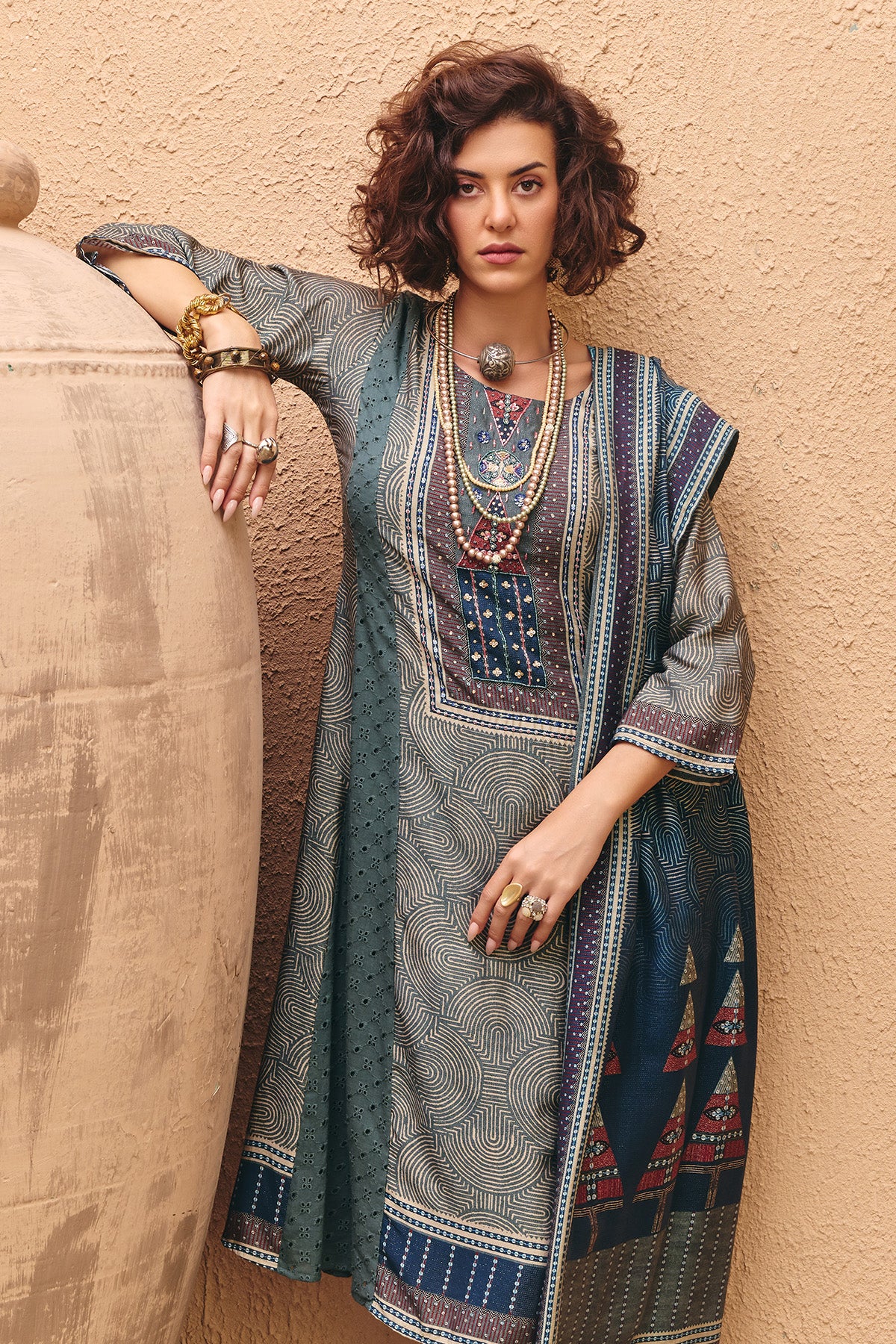 Green Printed Kurta 3 Pcs Set