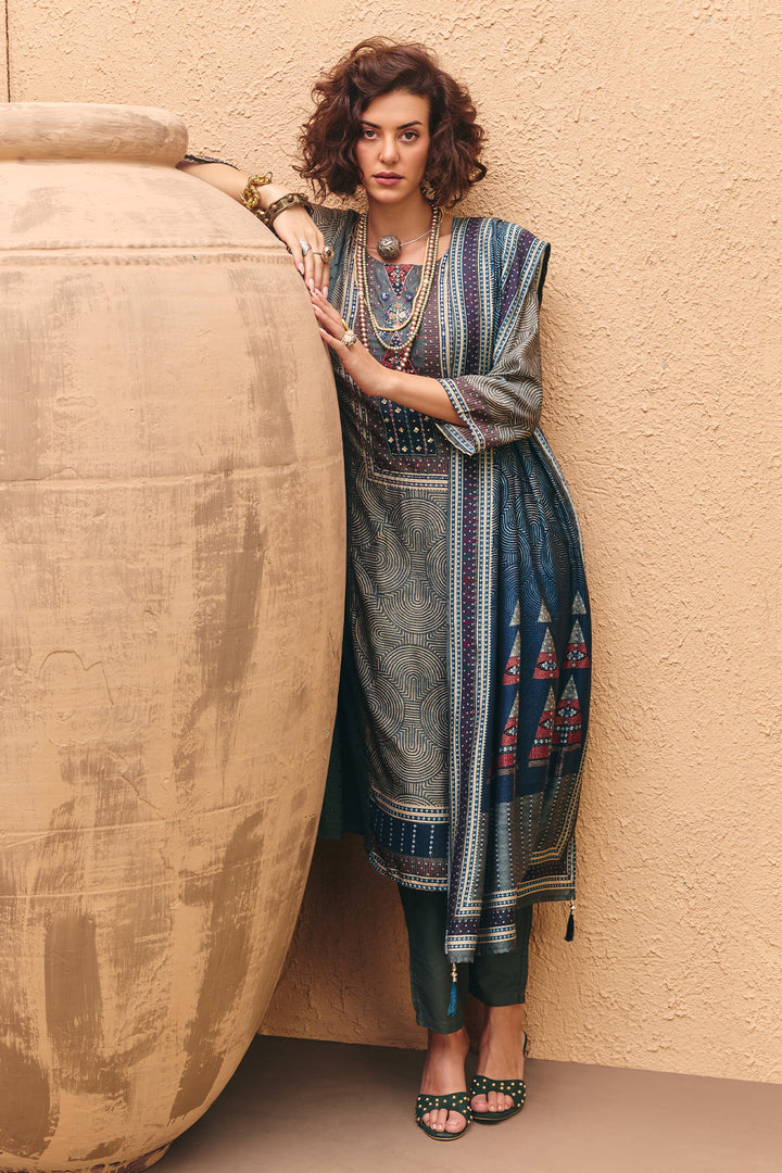 Green Printed Kurta Set (3 Piece)