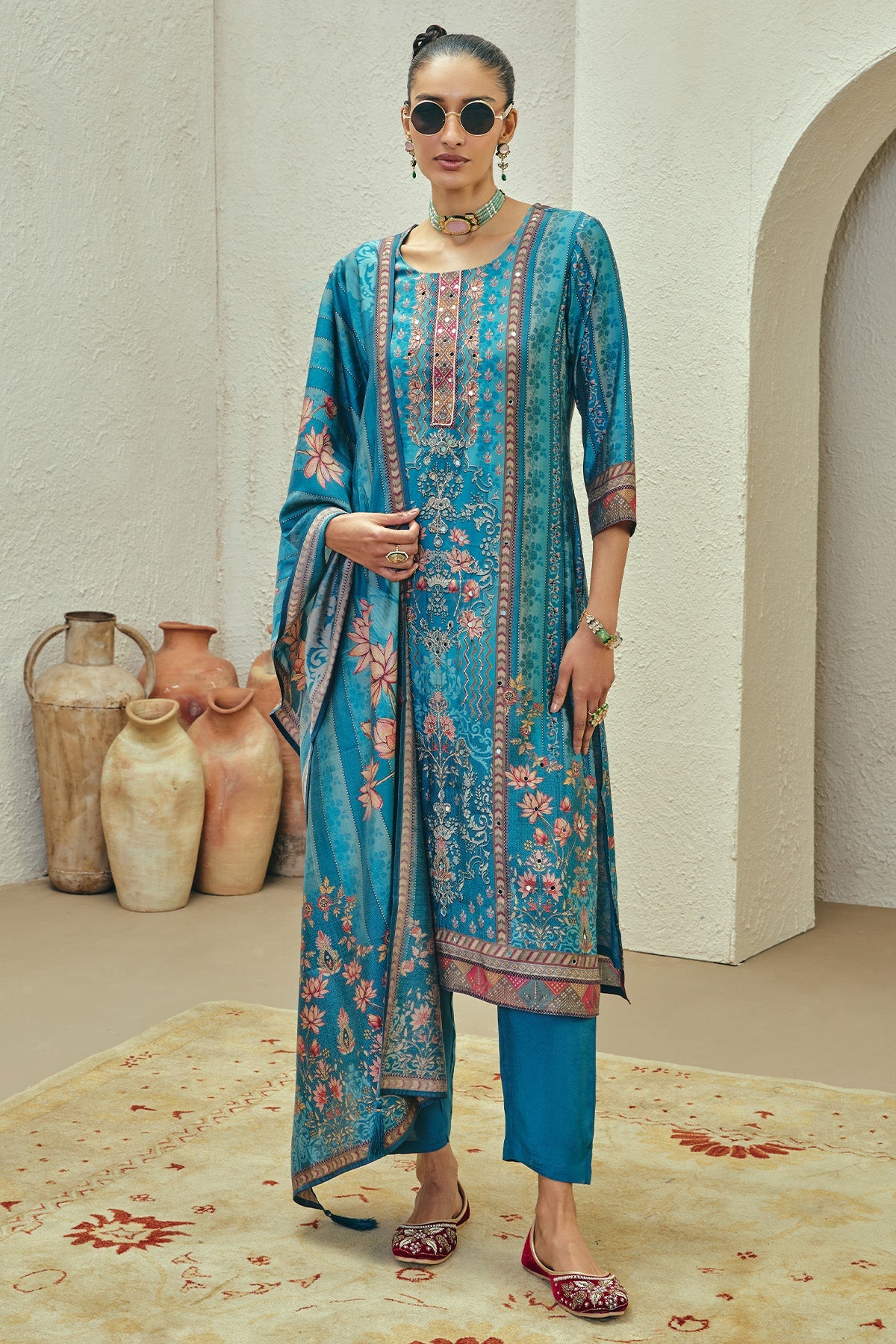 Blue Printed Kurta 3 Pcs Set
