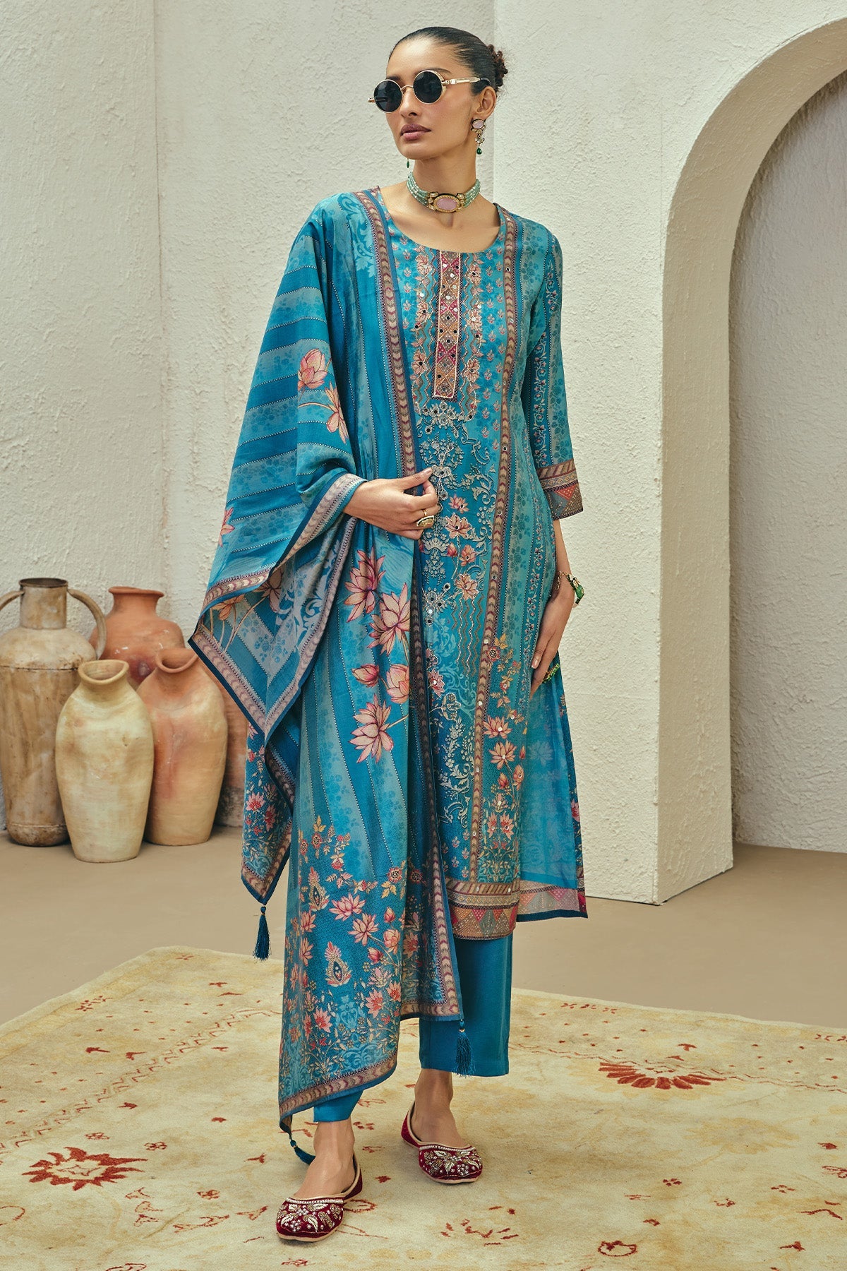 Blue Printed Kurta 3 Pcs Set