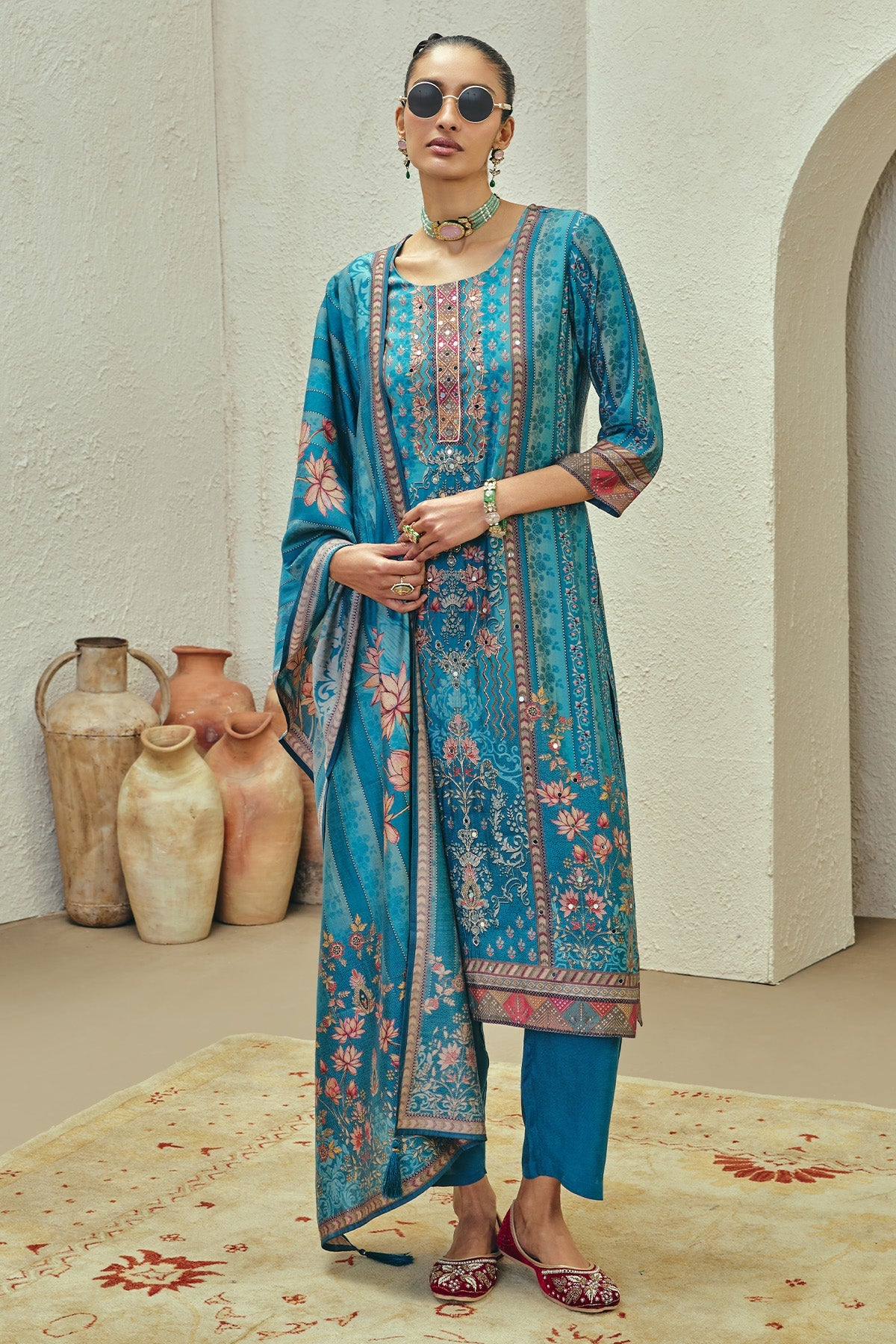 Blue Printed Kurta 3 Pcs Set