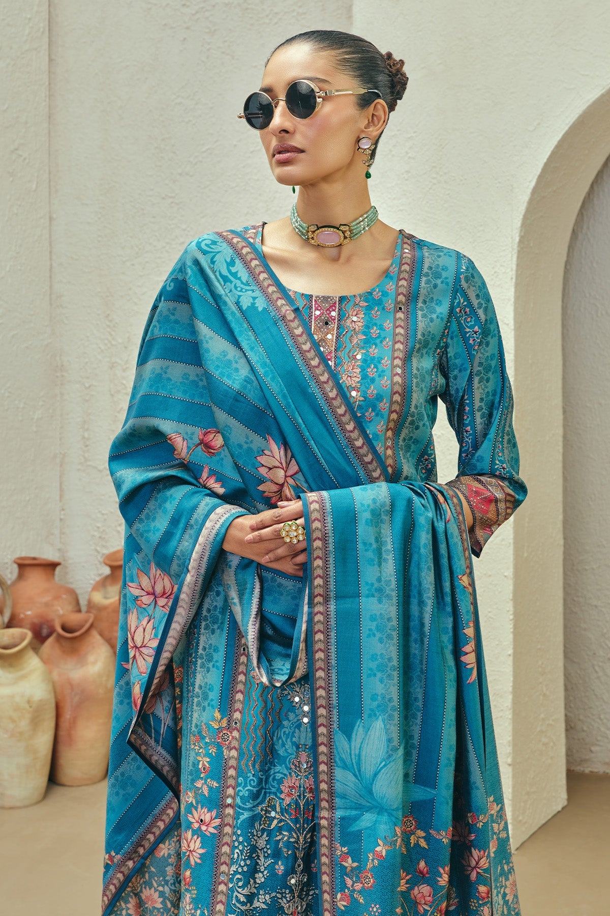 Blue Printed Kurta 3 Pcs Set