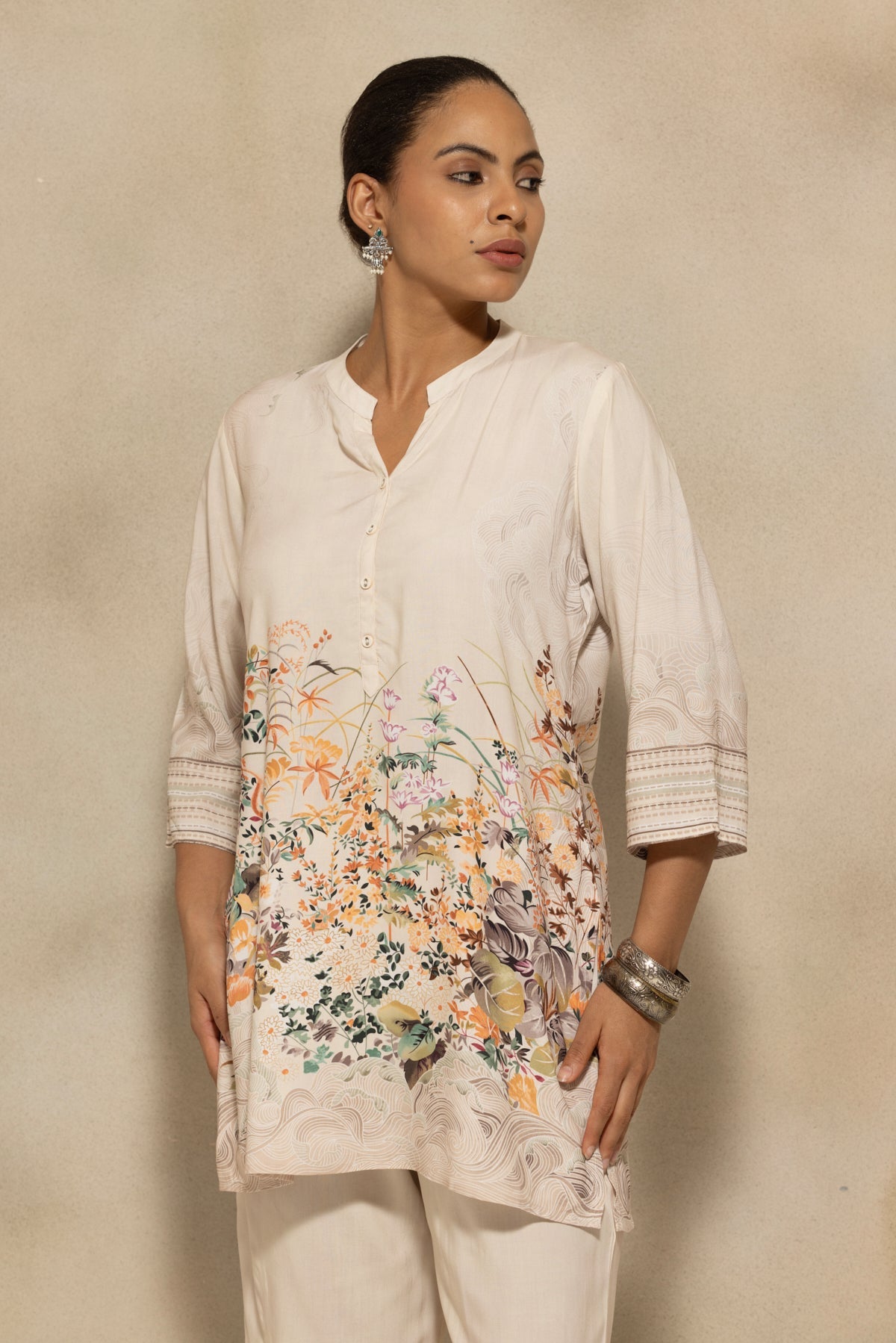 Cream Printed Kurta 2 Pcs Set