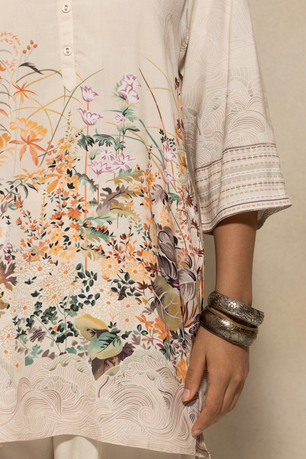 Cream Printed Kurta 2 Pcs Set