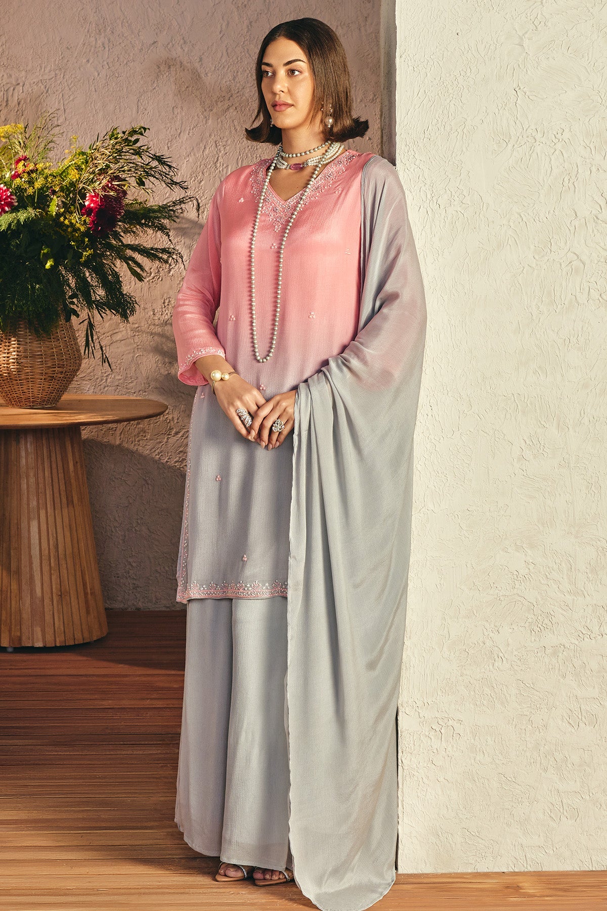 Grey Stone Embellished Kurta 3 Pcs Set