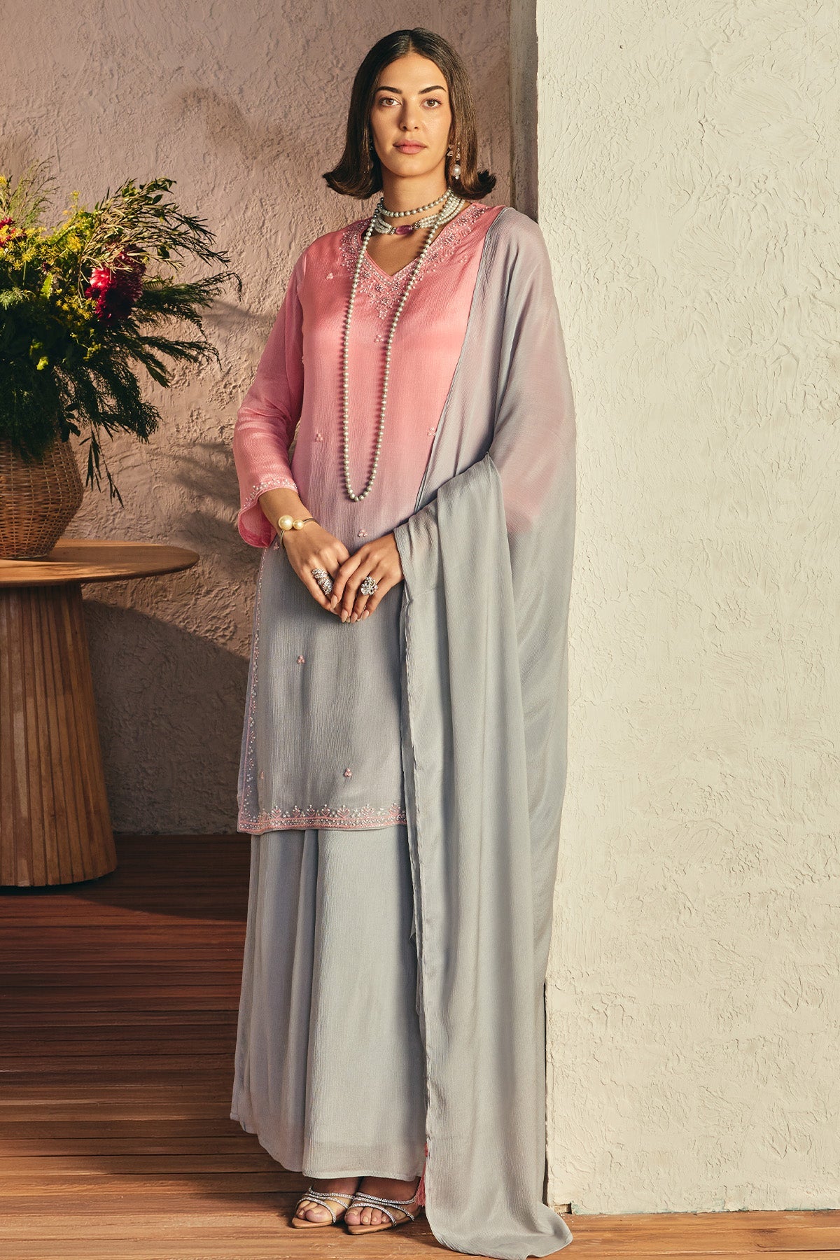 Grey Stone Embellished Kurta 3 Pcs Set