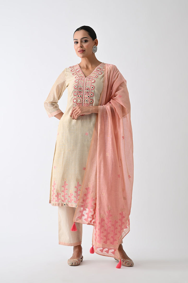 Beige Embellished Kurta Set (3 Piece)