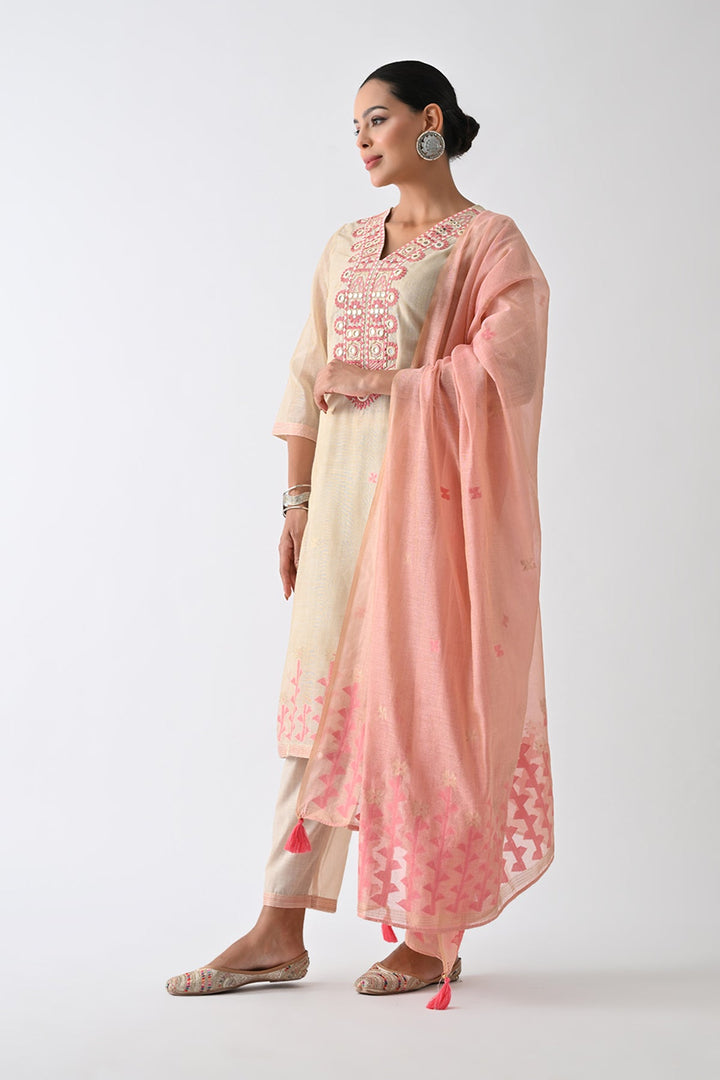 Beige Embellished Kurta Set (3 Piece)