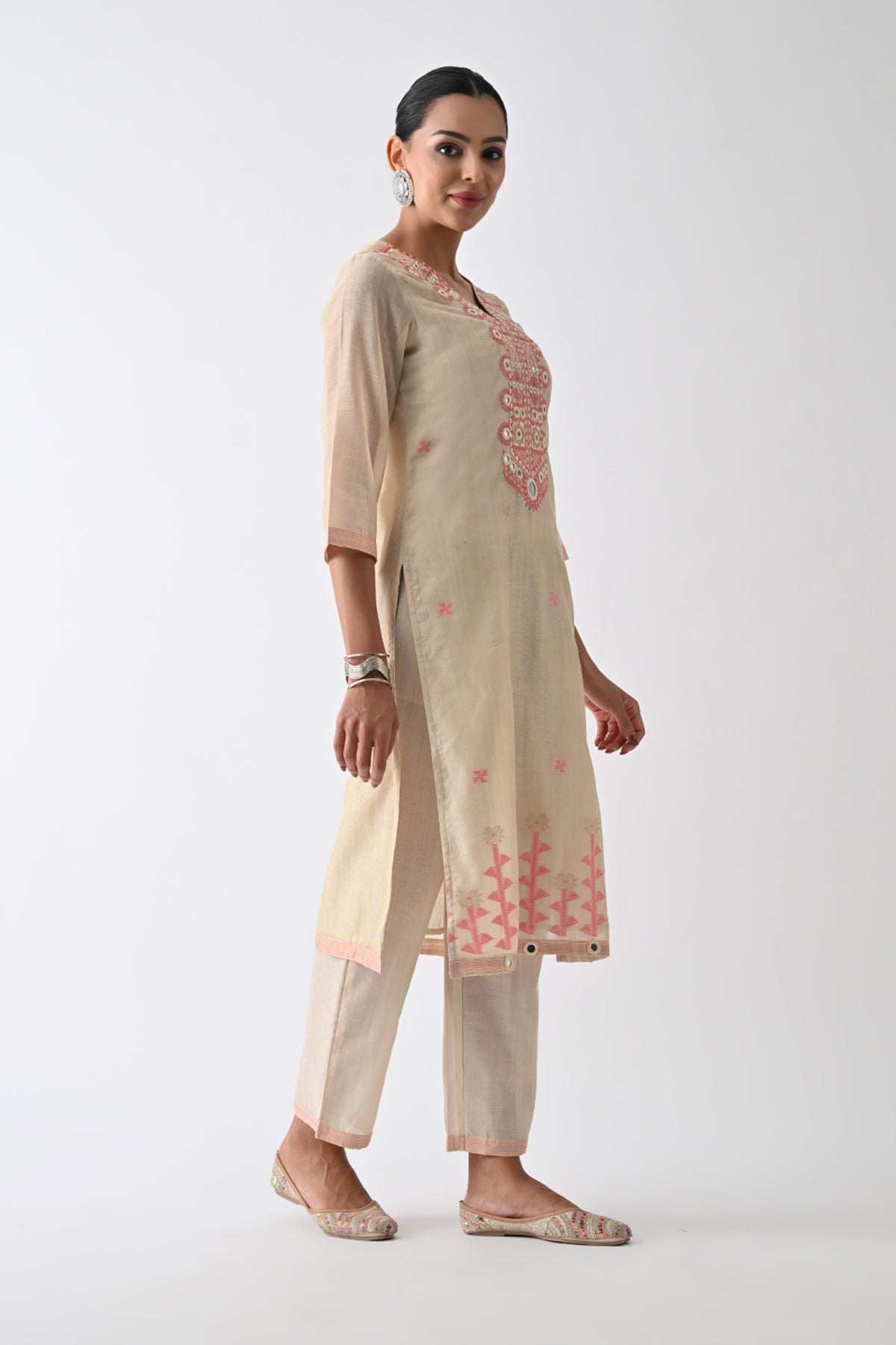 Beige Embellished Kurta 3 Pcs Set