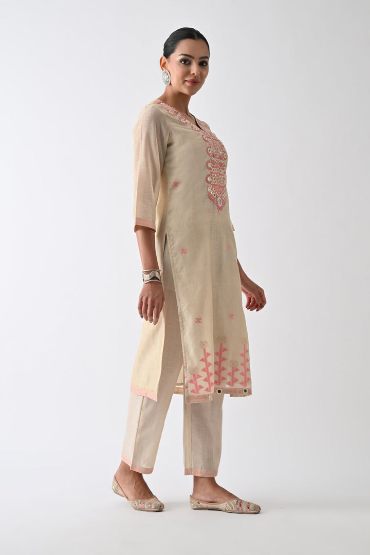 Beige Embellished Kurta Set (3 Piece)