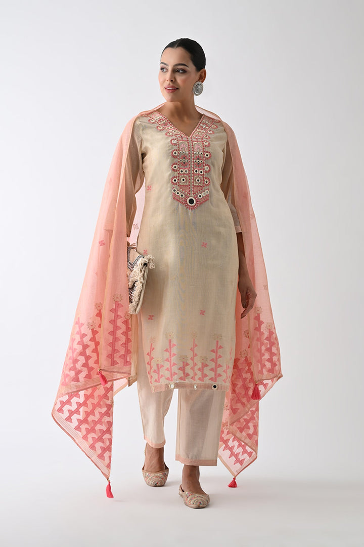 Beige Embellished Kurta Set (3 Piece)