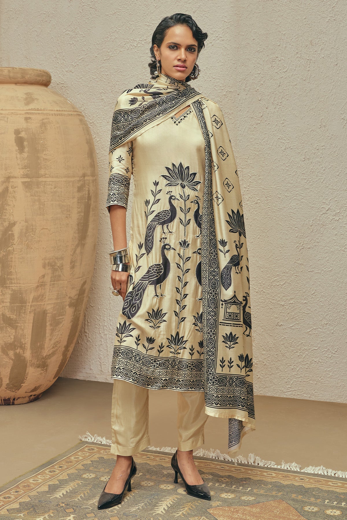 Beige Stone Embellished Kurta 3 Pcs Set