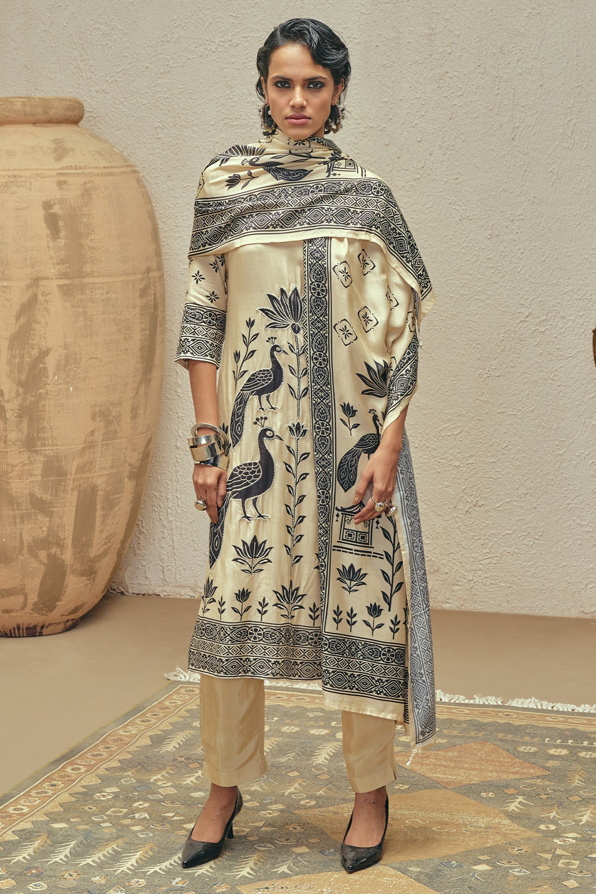 Beige Stone Embellished Kurta 3 Pcs Set