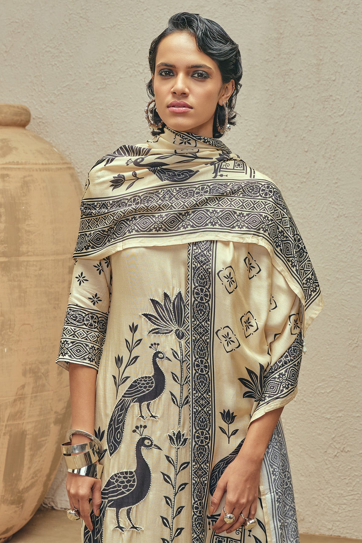 Beige Stone Embellished Kurta 3 Pcs Set