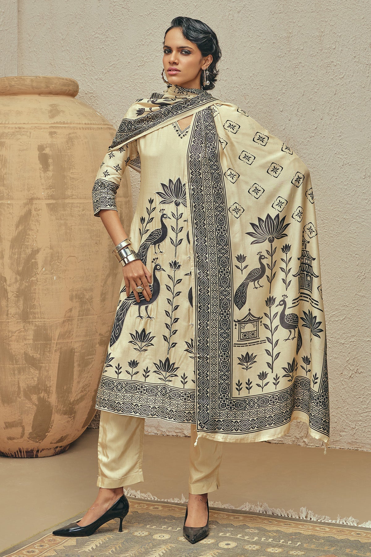 Beige Stone Embellished Kurta 3 Pcs Set