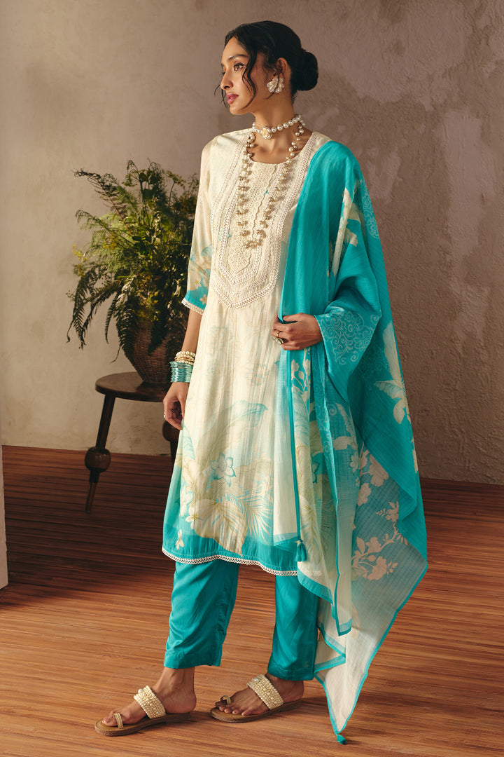 Cream Printed Kurta Set (3 Piece)