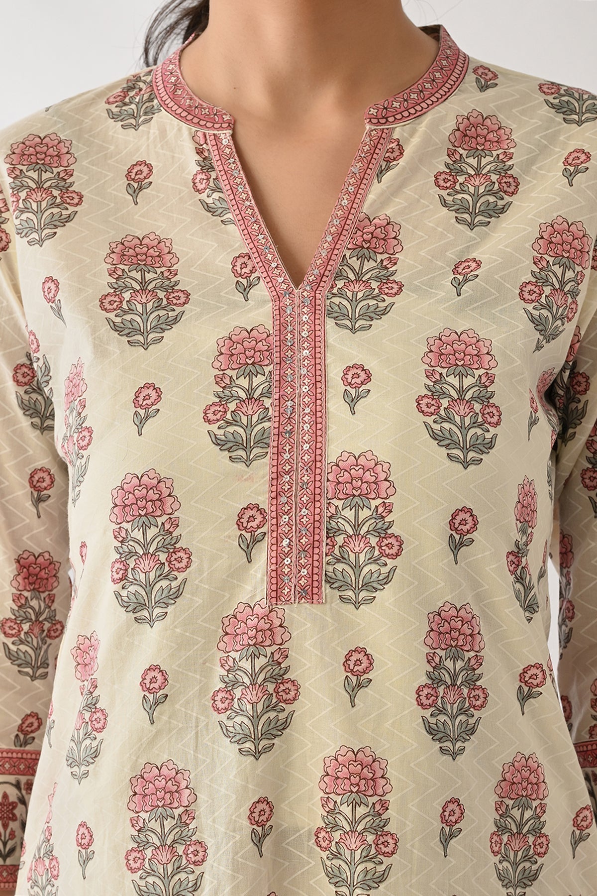Cream Printed Kurta Set (2 Piece)