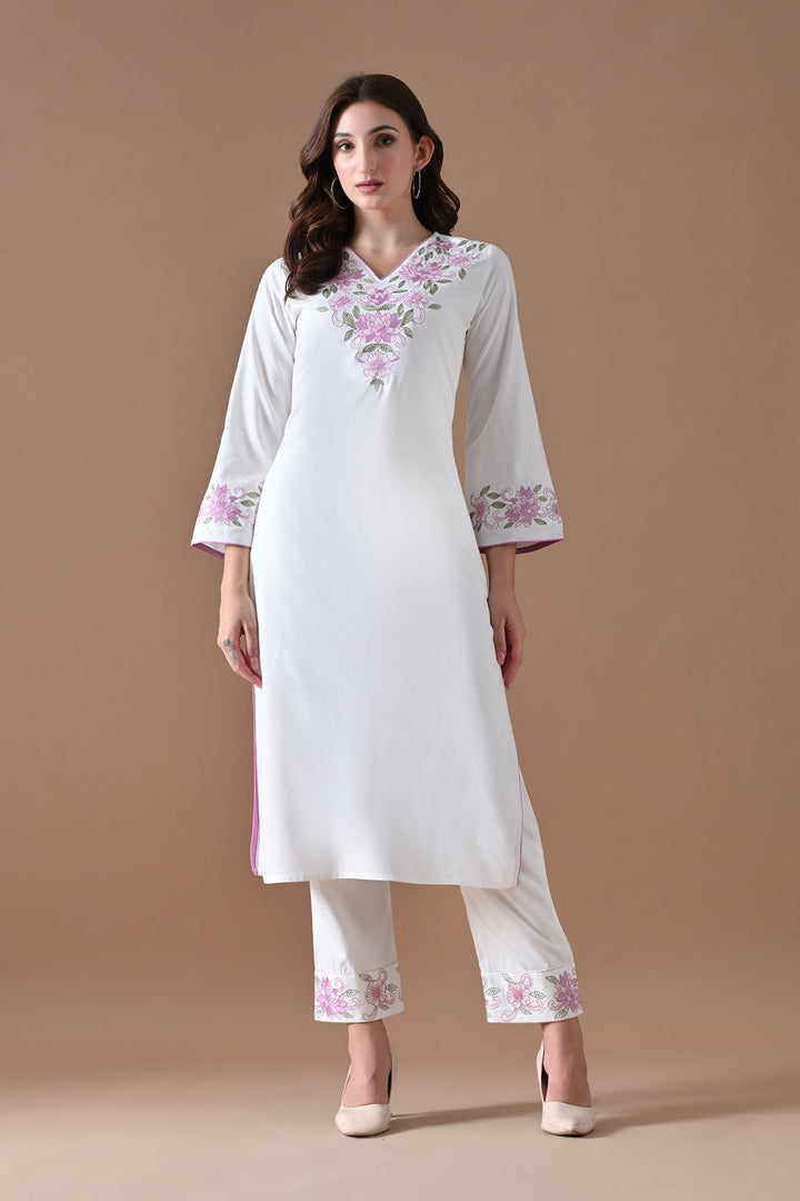 Cream Embroidered Kurta Set (2 Piece)
