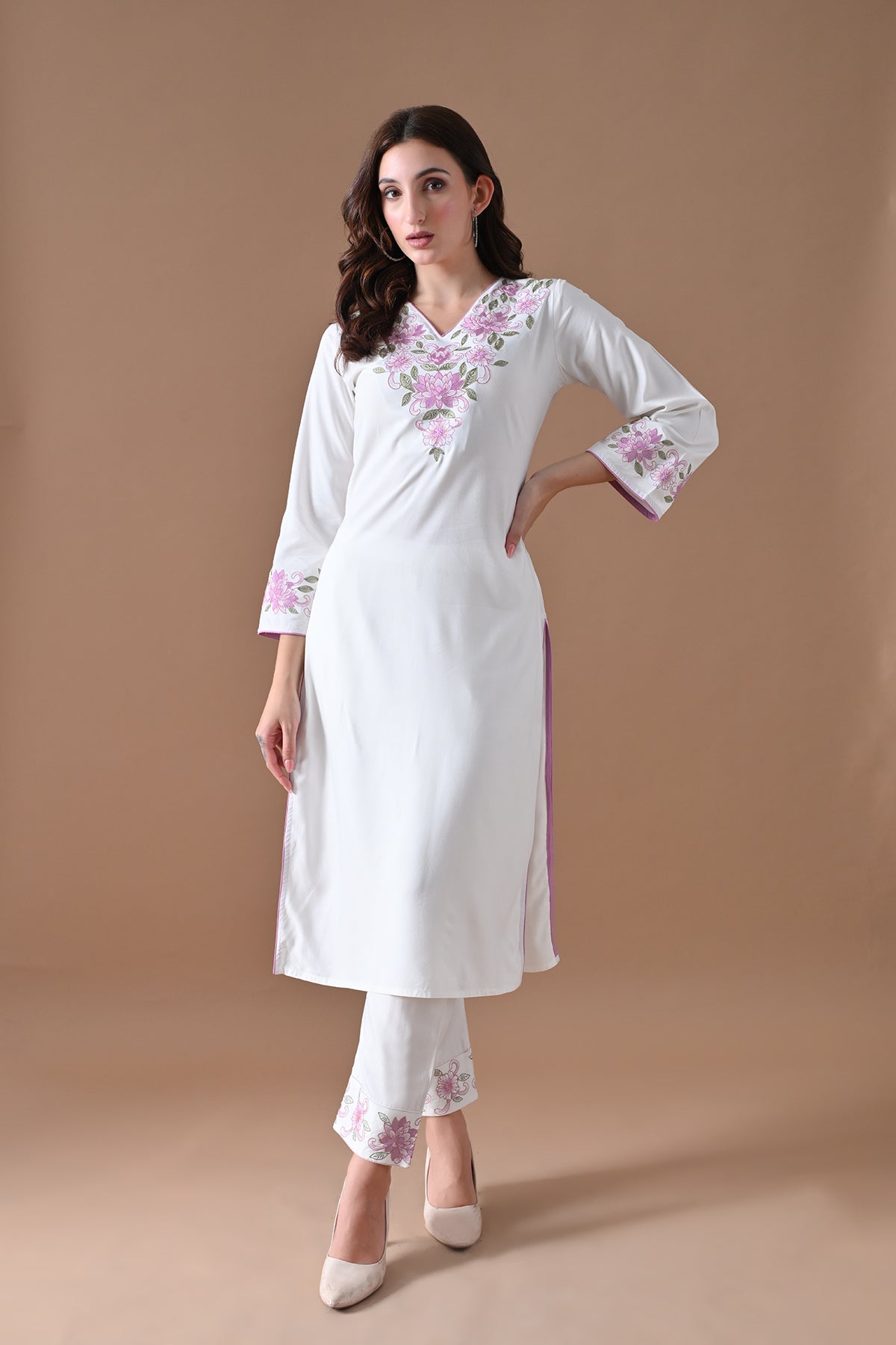 Cream Embroidered Kurta 2 Pcs Set