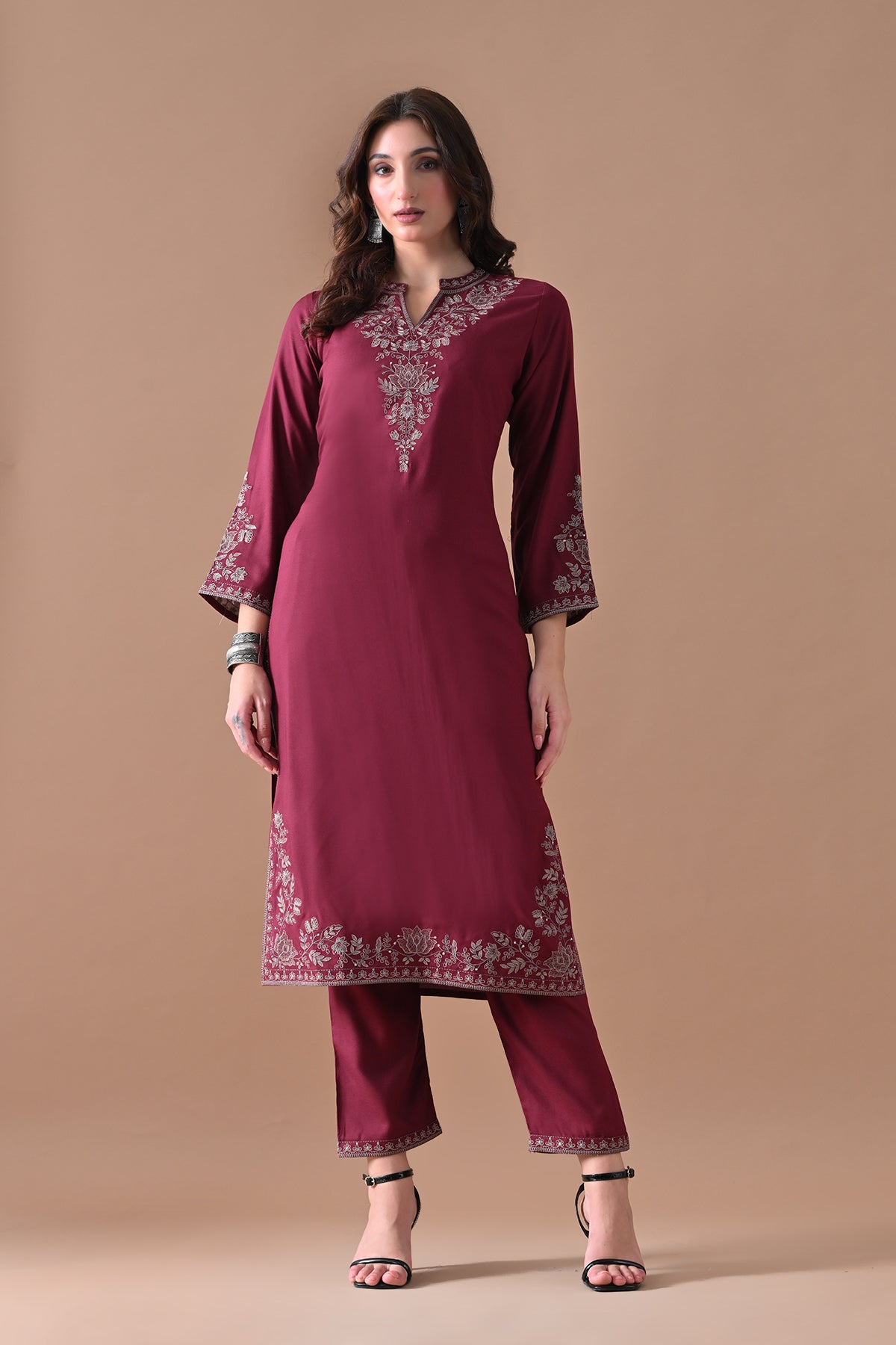 Maroon Embroidered Kurta 2 Pcs Set