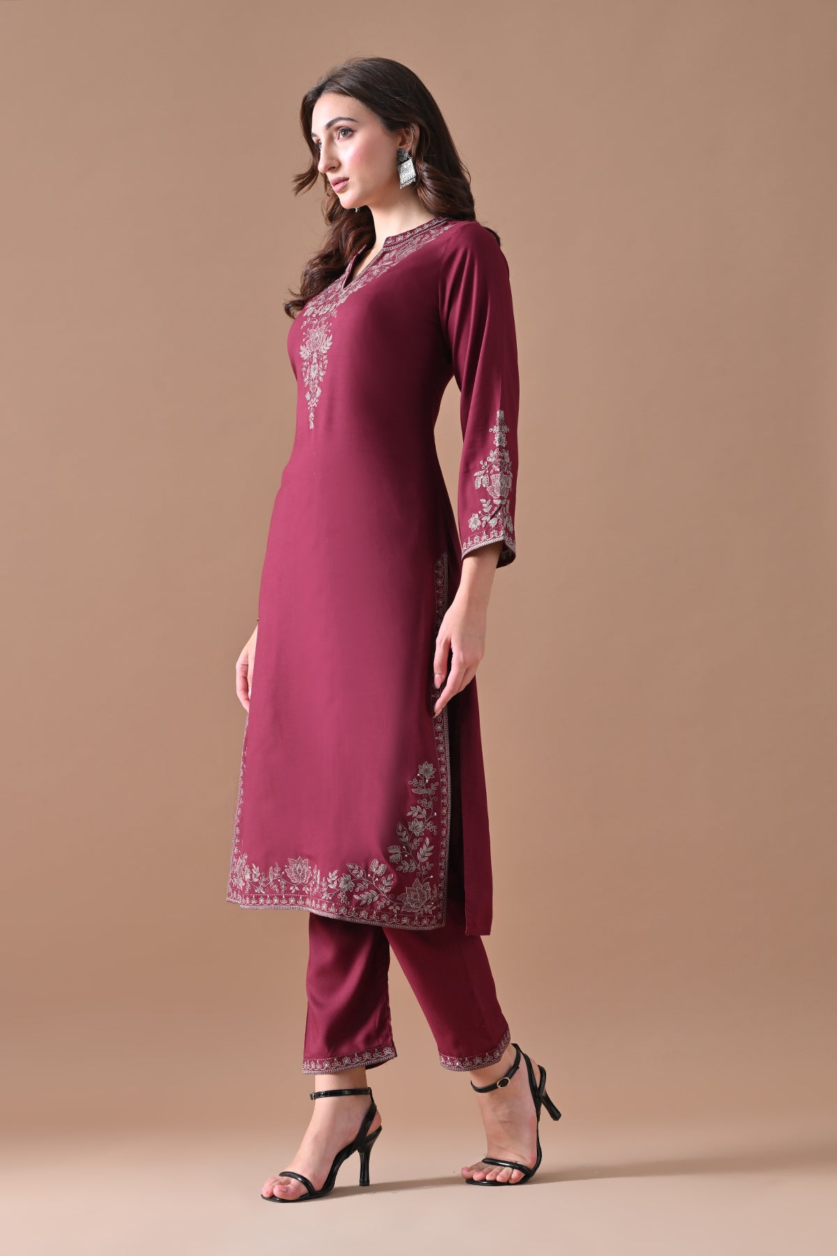 Maroon Embroidered Kurta 2 Pcs Set