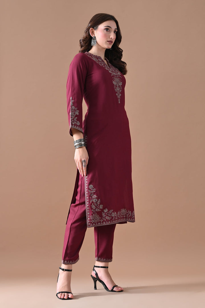 Maroon Embroidered Kurta Set (2 Piece)