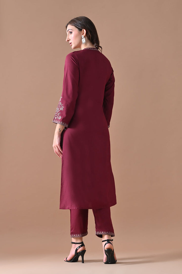 Maroon Embroidered Kurta Set (2 Piece)