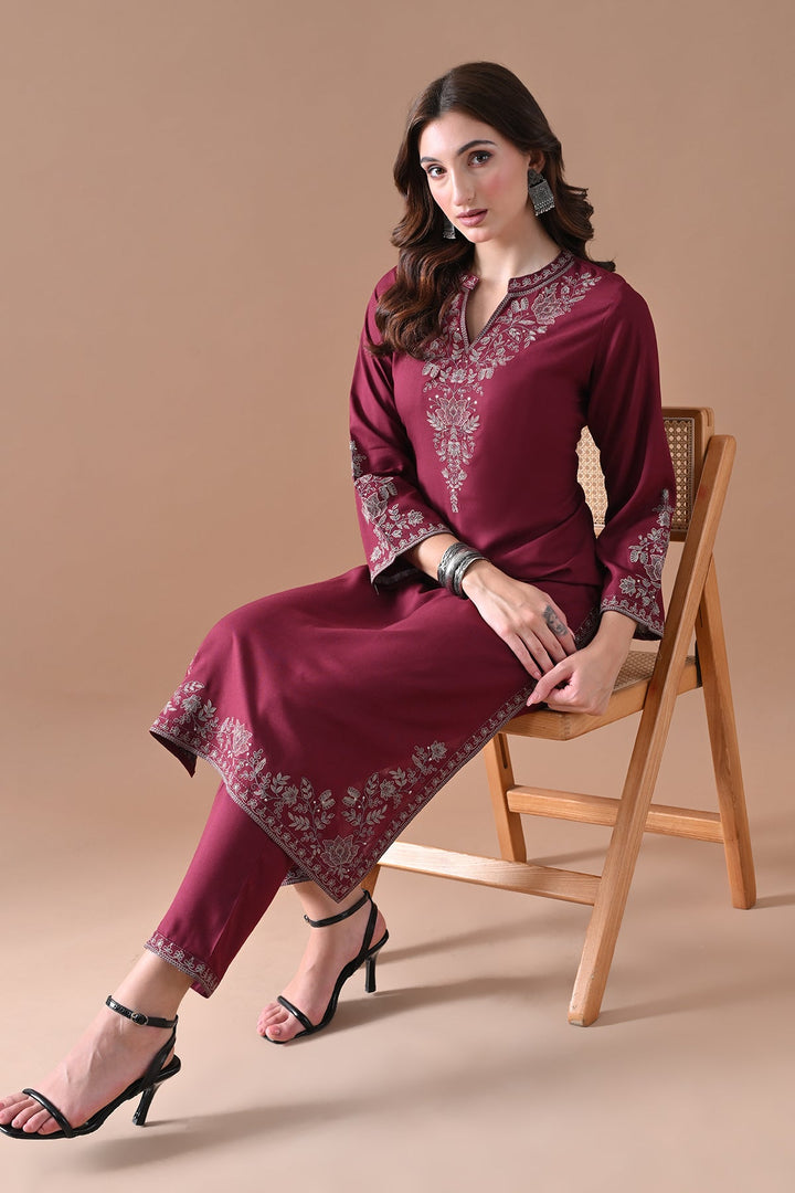 Maroon Embroidered Kurta Set (2 Piece)
