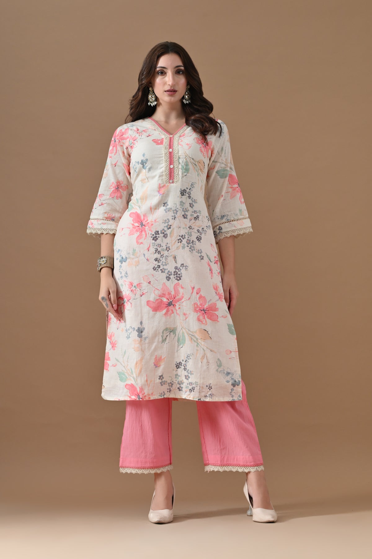 Cream Printed Kurta 2 Pcs Set