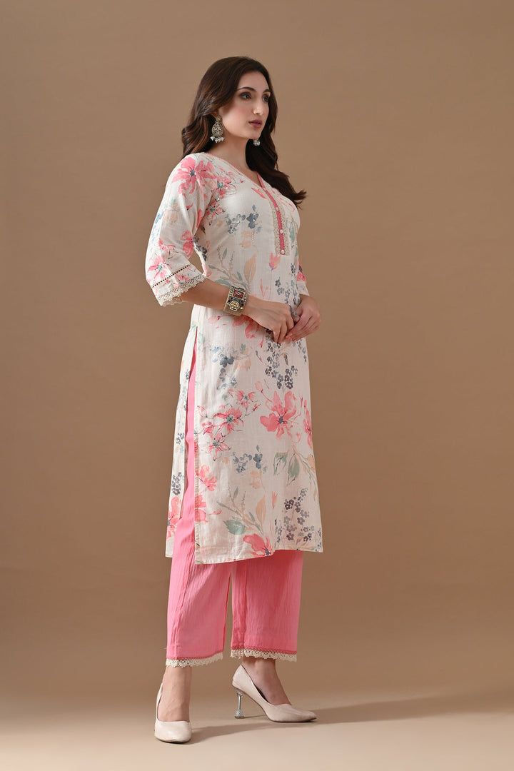 Cream Printed Kurta Set (2 Piece)