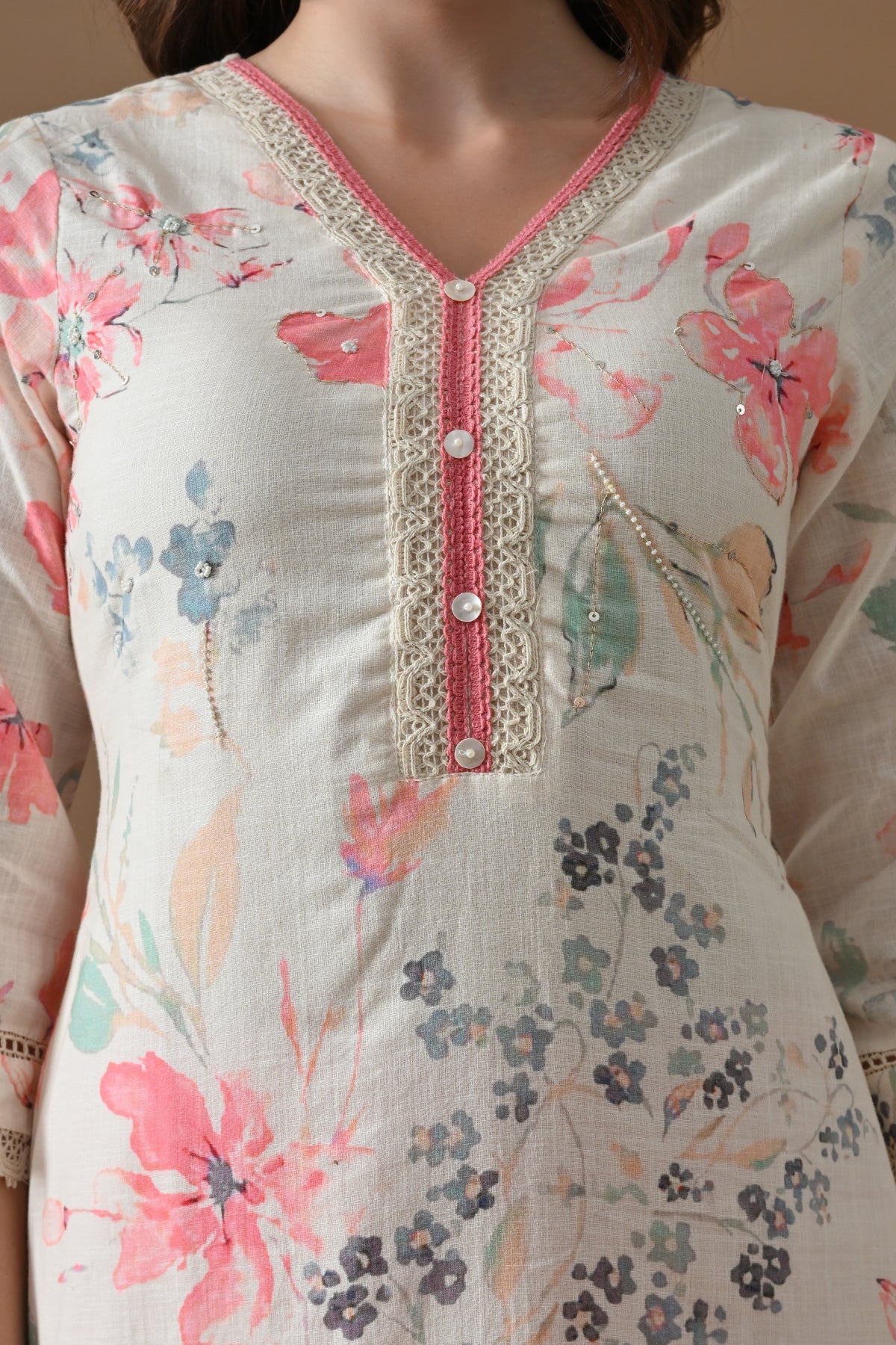Cream Printed Kurta 2 Pcs Set