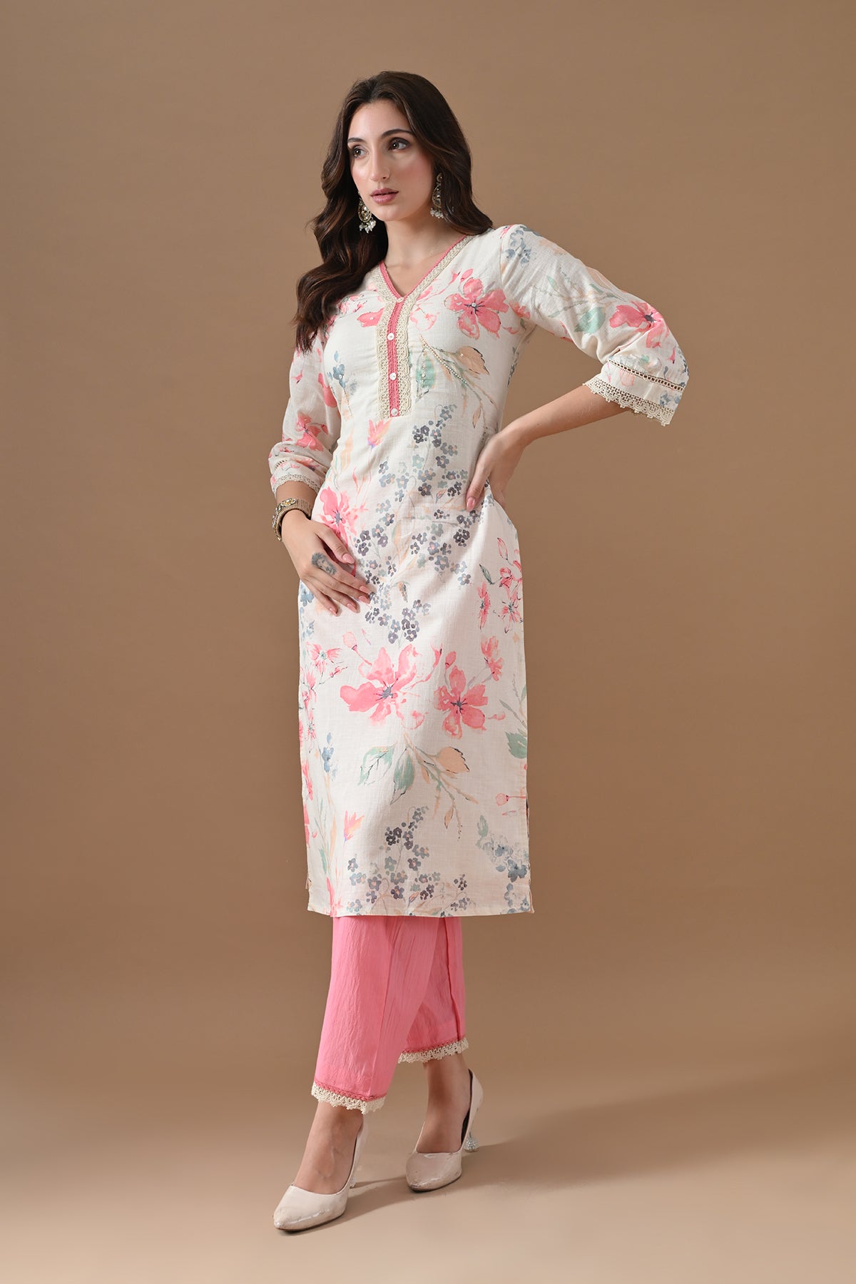 Cream Printed Kurta 2 Pcs Set
