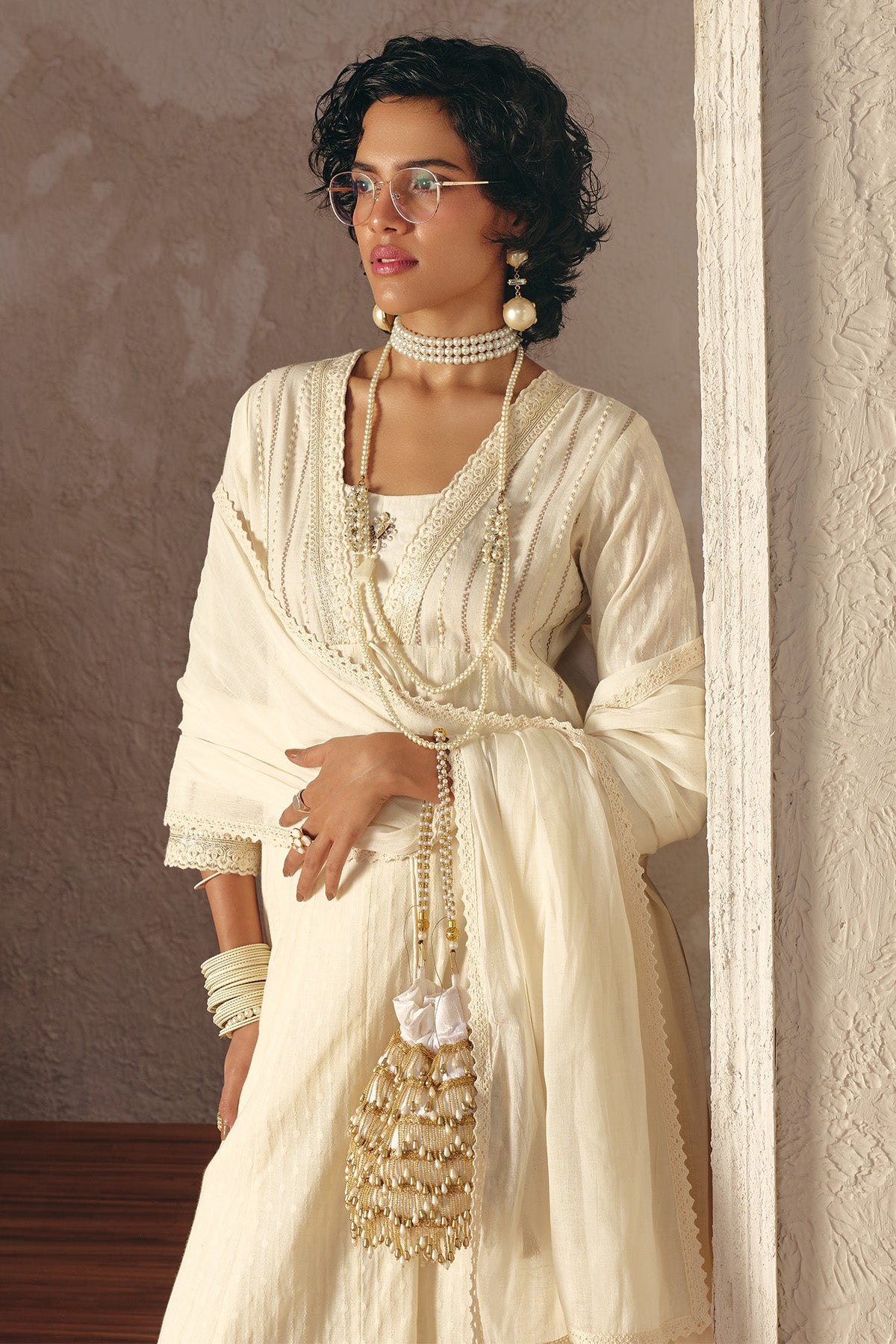 Cream Embellished Kurta 3 Pcs Set