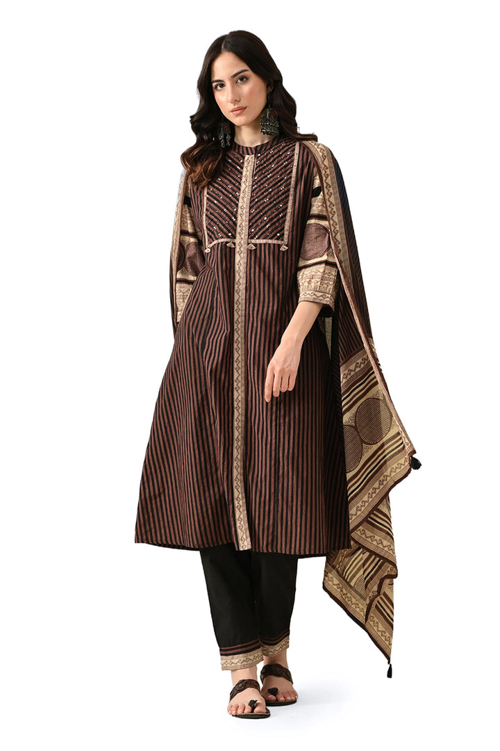 Brown Printed Kurta Set (3 Piece)