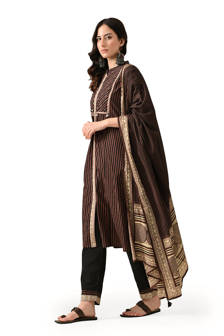 Brown Printed Kurta Set (3 Piece)