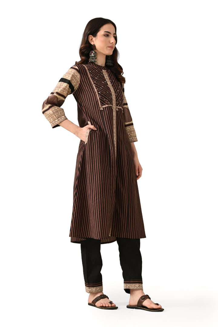 Brown Printed Kurta Set (3 Piece)