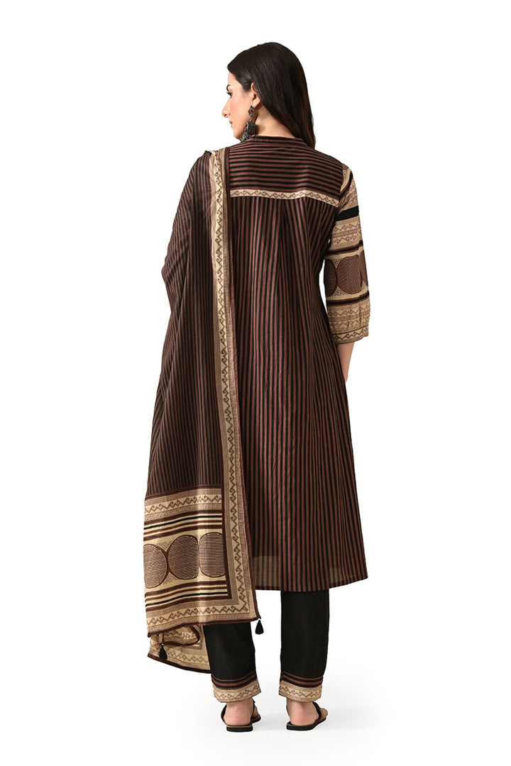 Brown Printed Kurta Set (3 Piece)