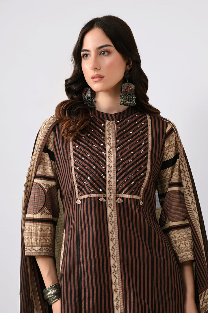 Brown Printed Kurta Set (3 Piece)
