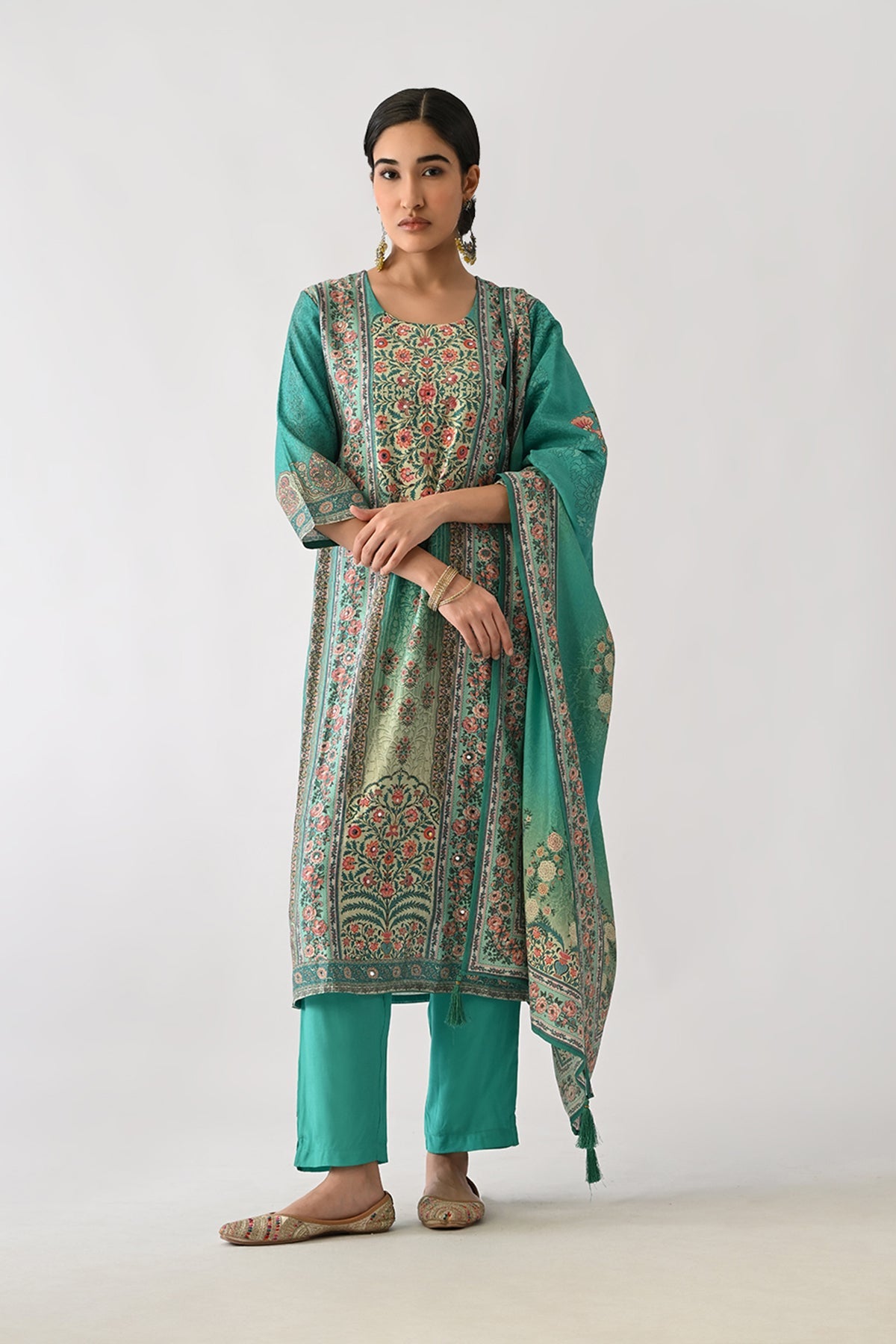 Green Printed Kurta 3 Pcs Set