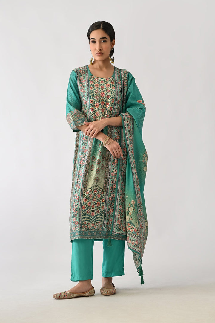 Green Printed Kurta Set (3 Piece)