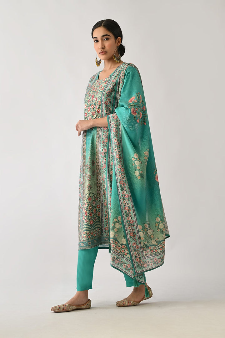 Green Printed Kurta Set (3 Piece)