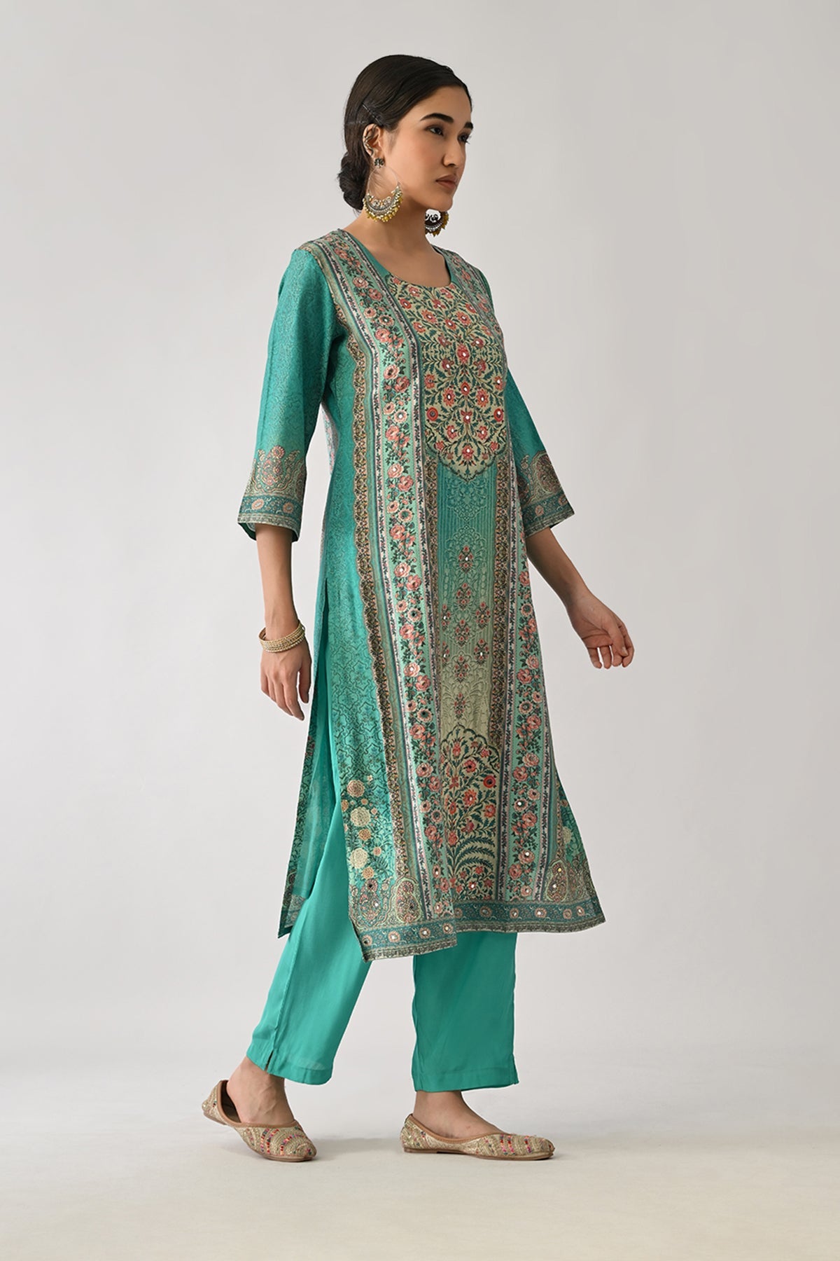 Green Printed Kurta 3 Pcs Set